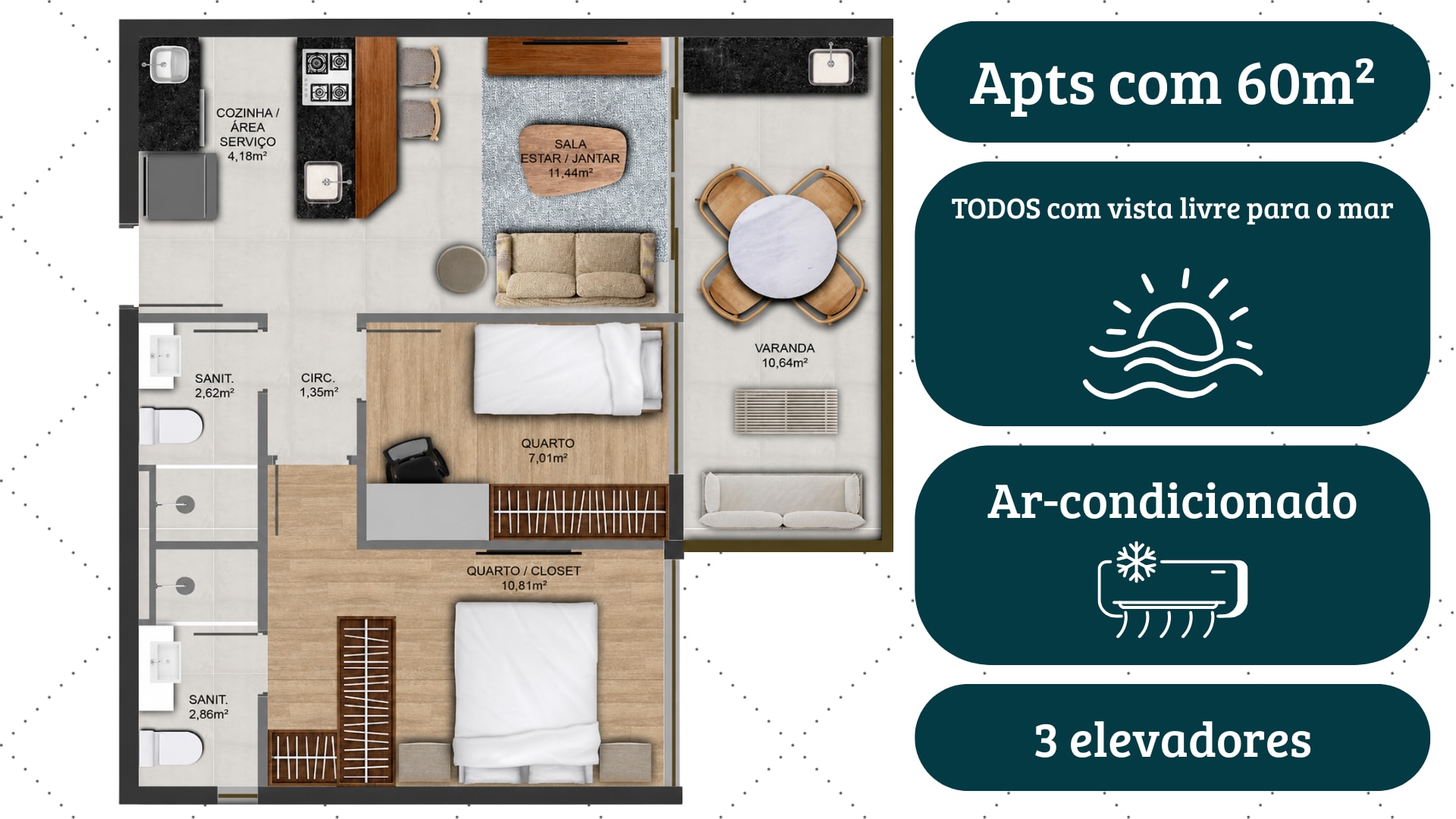 Planta da unidade de 60 m², 2/4 sendo 1 suíte