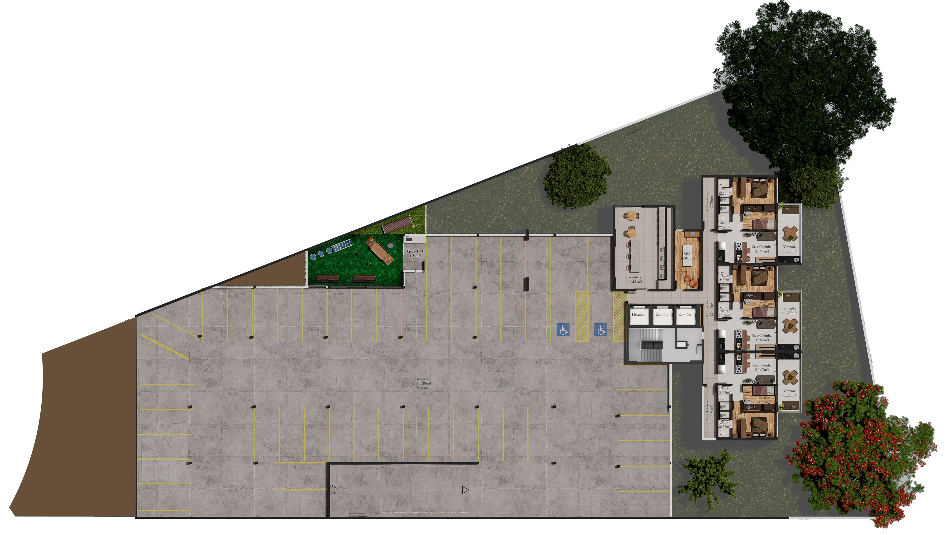 Planta do pavimento -3: 48 vagas, lavanderia, SPA e espaço PET