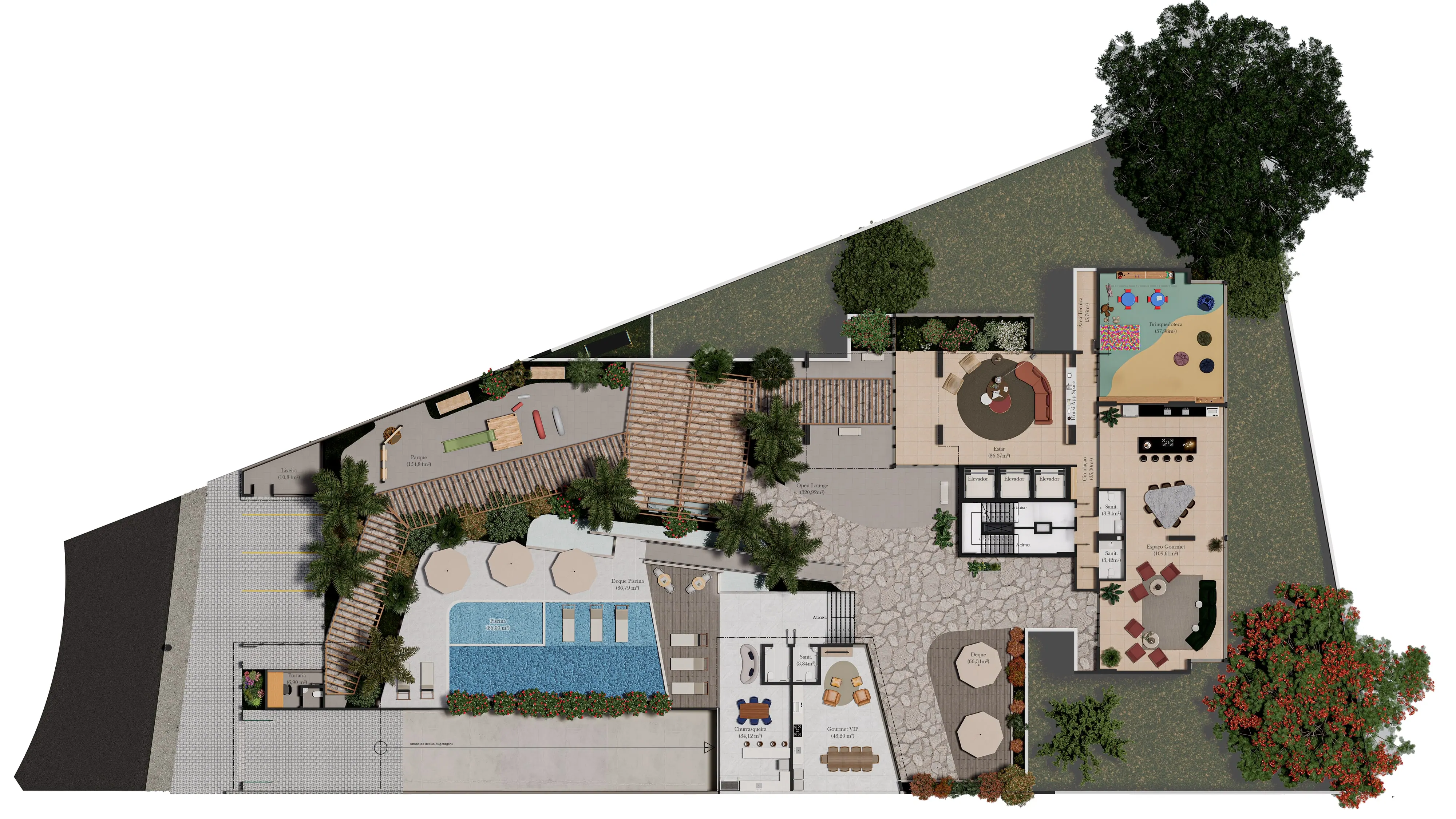 Planta do térreo: piscina, deque, parque, open lounge, espaço gourmet, churrasqueira e a portaria