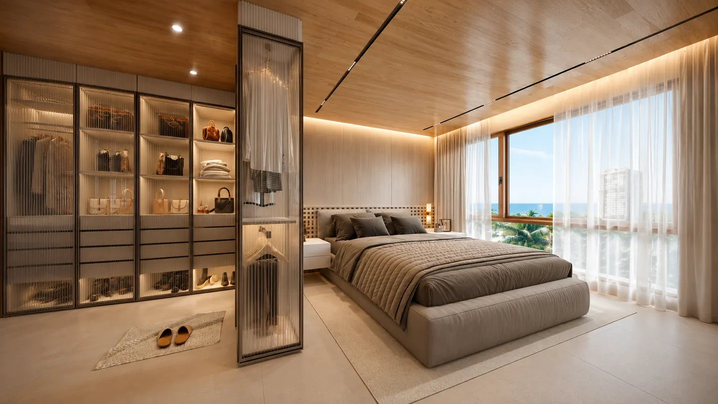 Suíte com closet de portas em vidro canelado e janela ampla para o mar