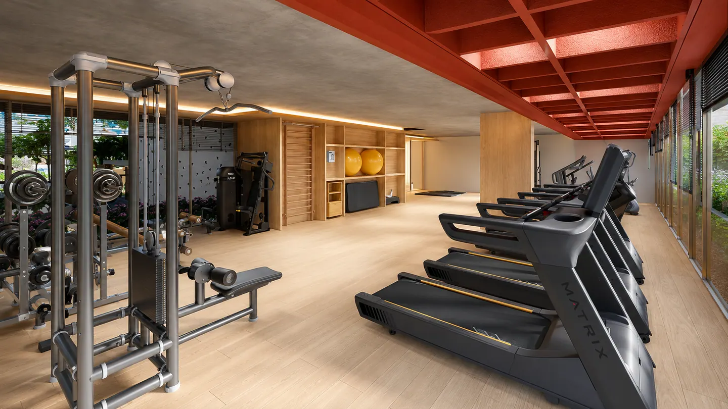 Academia com equipamentos de musculação e esteiras, iluminada por luz natural