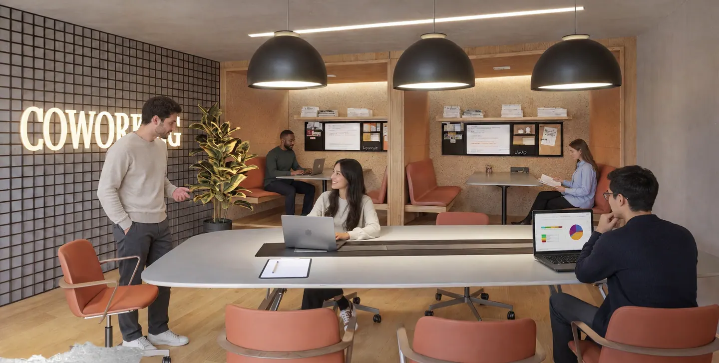 Coworking com mesa comunitária, cabines de trabalho e sala de reunião