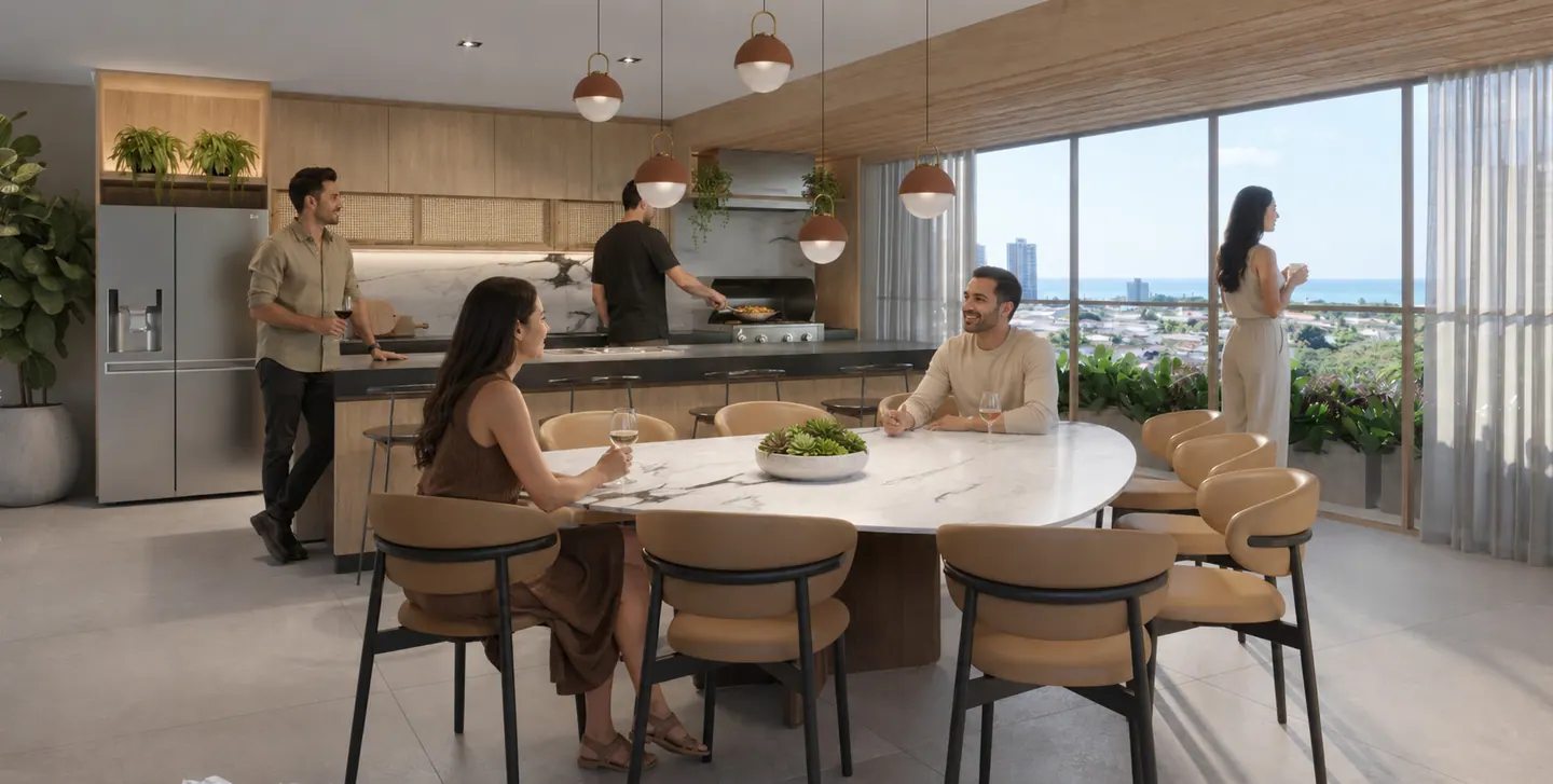 Espaço gourmet com mesas comunitárias e bancada