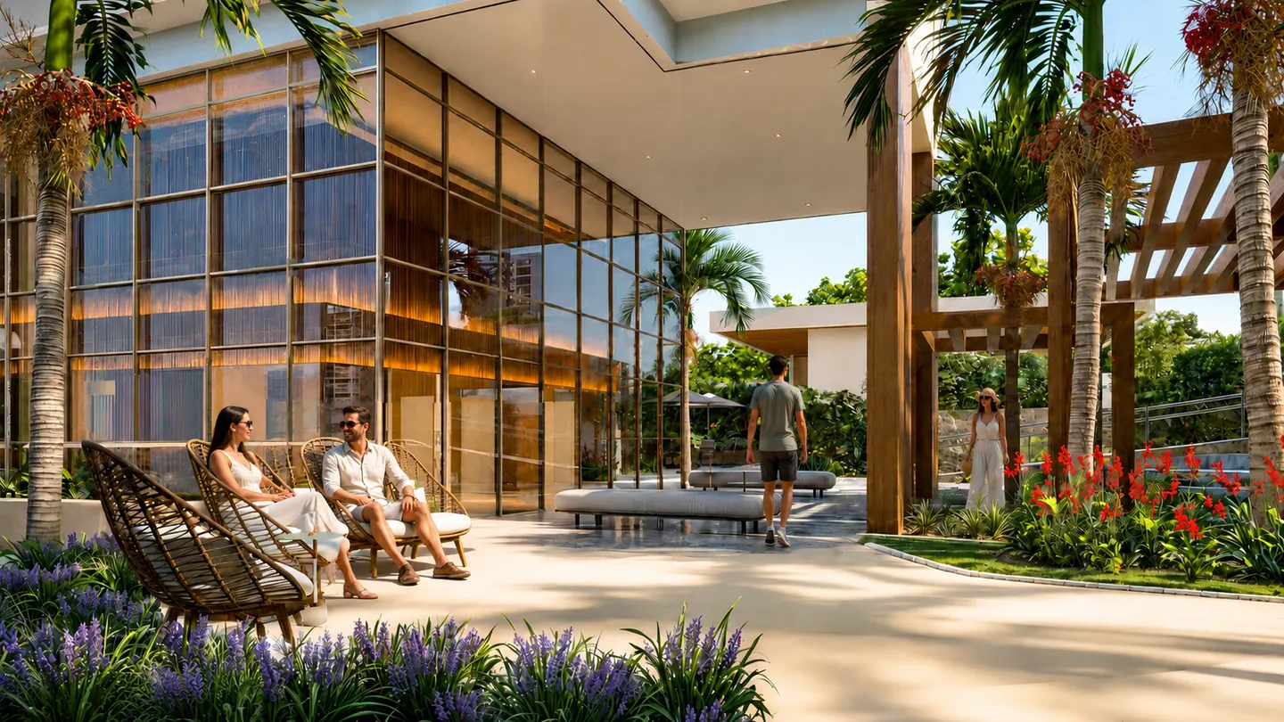 Lounge com jardim externo e vegetação tropical