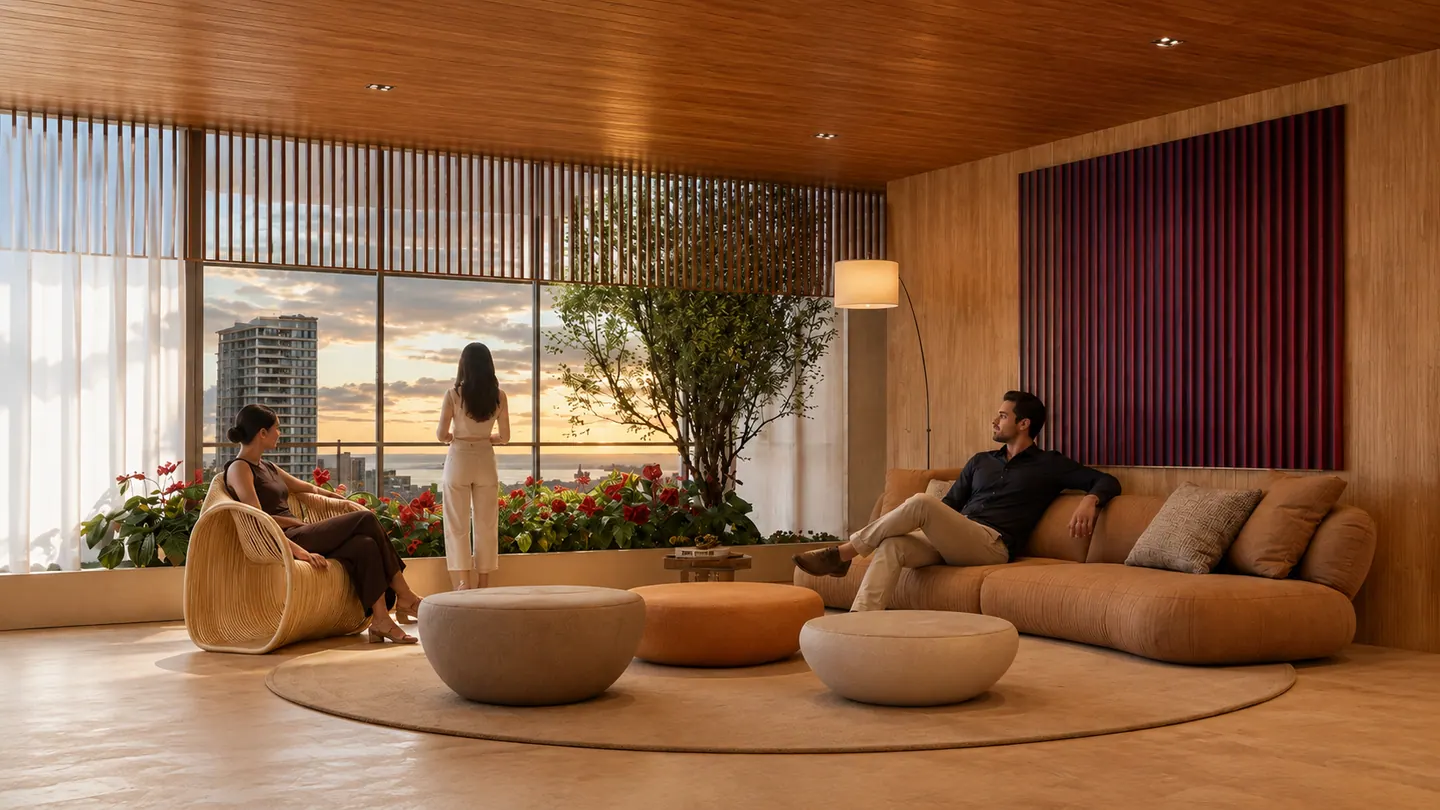 Open lounge com vista para o pôr do sol sobre a cidade