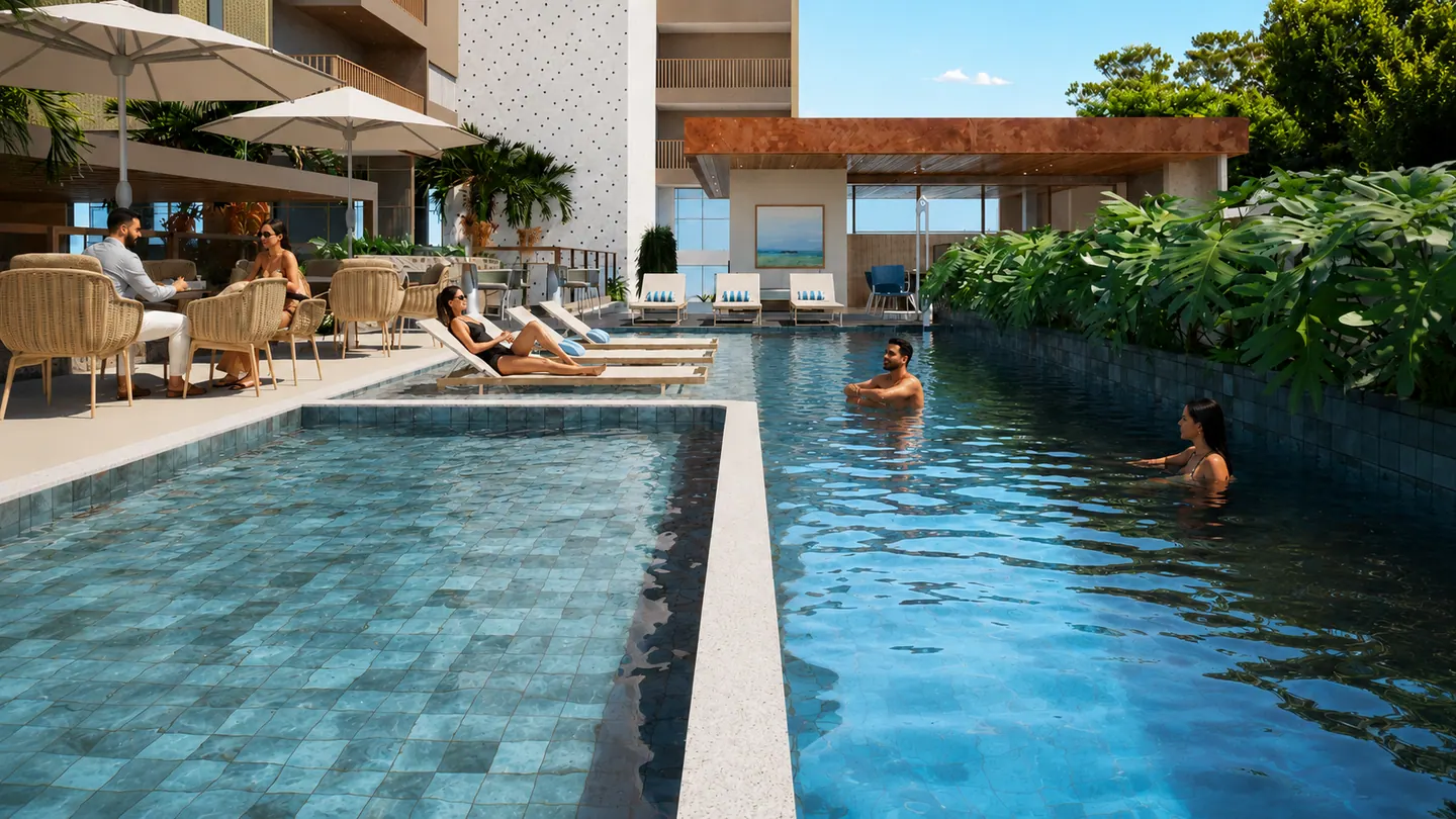Piscina adulto com raia e piscina infantil, com deck e espreguiçadeiras