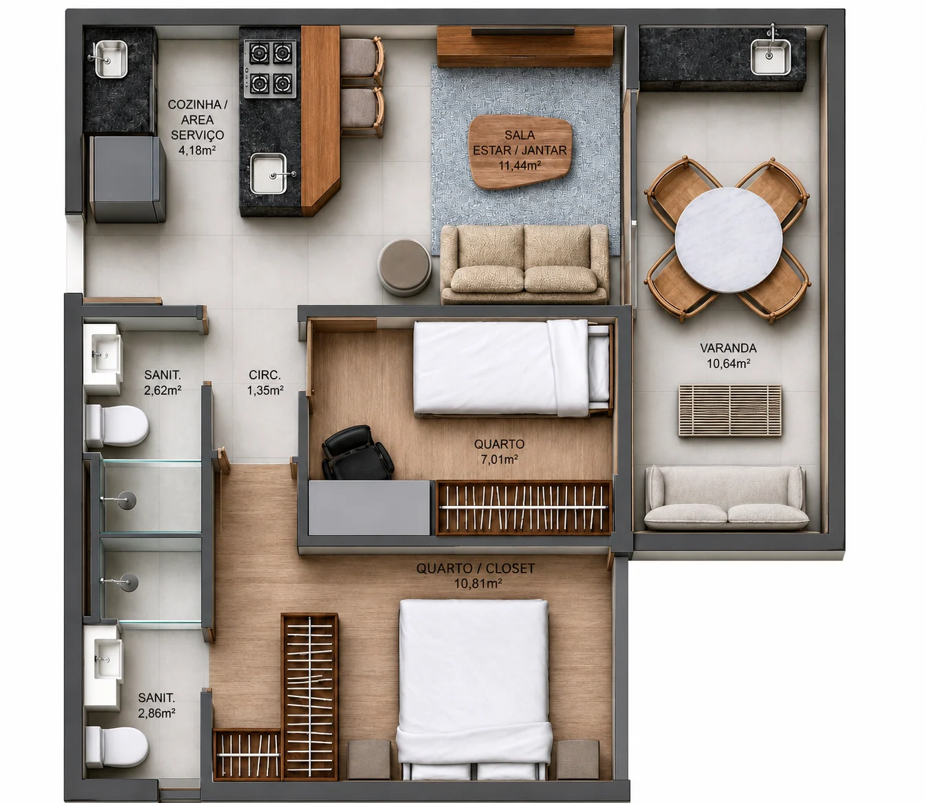 Planta humanizada do apartamento de 60 m², com 2 quartos, sendo 1 suíte com closet, e varanda gourmet