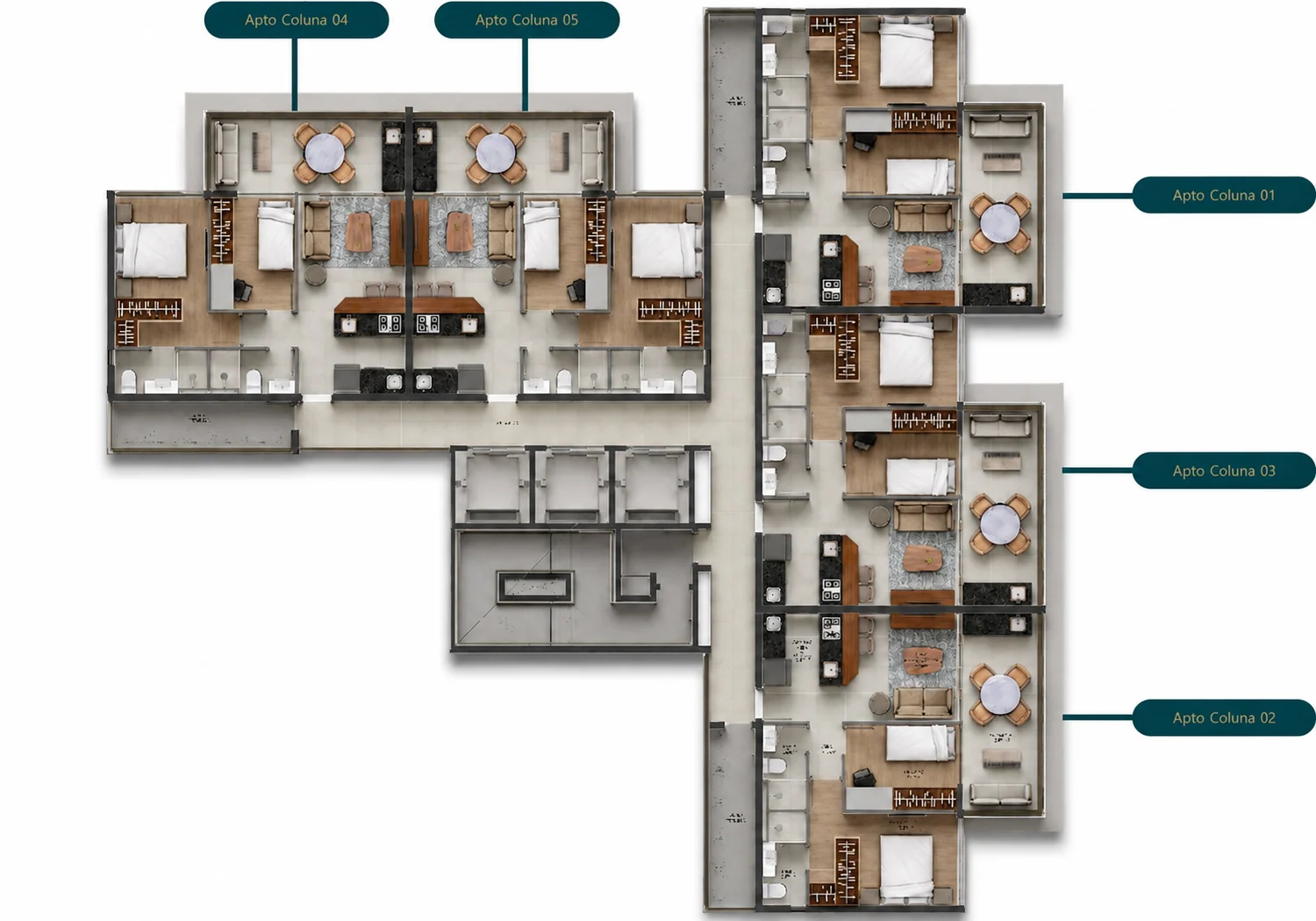 Planta do pavimento tipo, com 5 apartamentos por andar